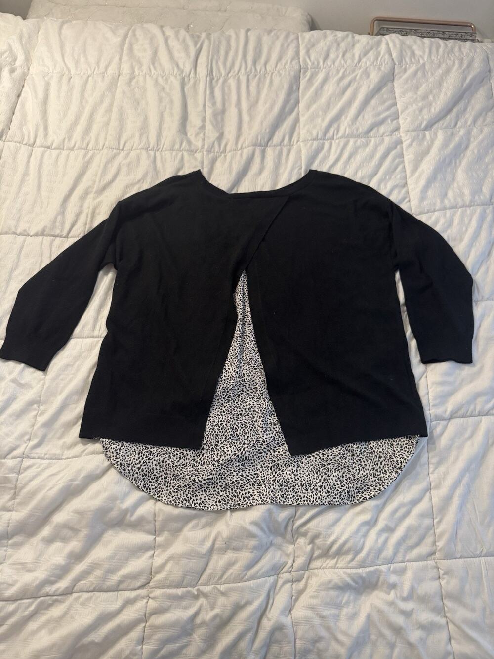 Ann Taylor Split Back Sweater Black White Animal Print Leopard Knit Career XL